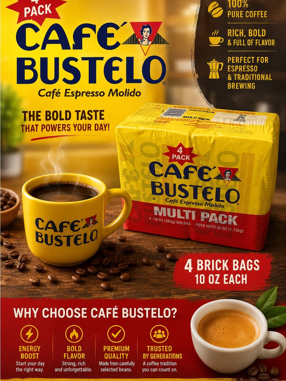 Café Bustelo Espresso Ground Coffee Multi Pack 4 x 10 oz Brick Bags 40 oz New